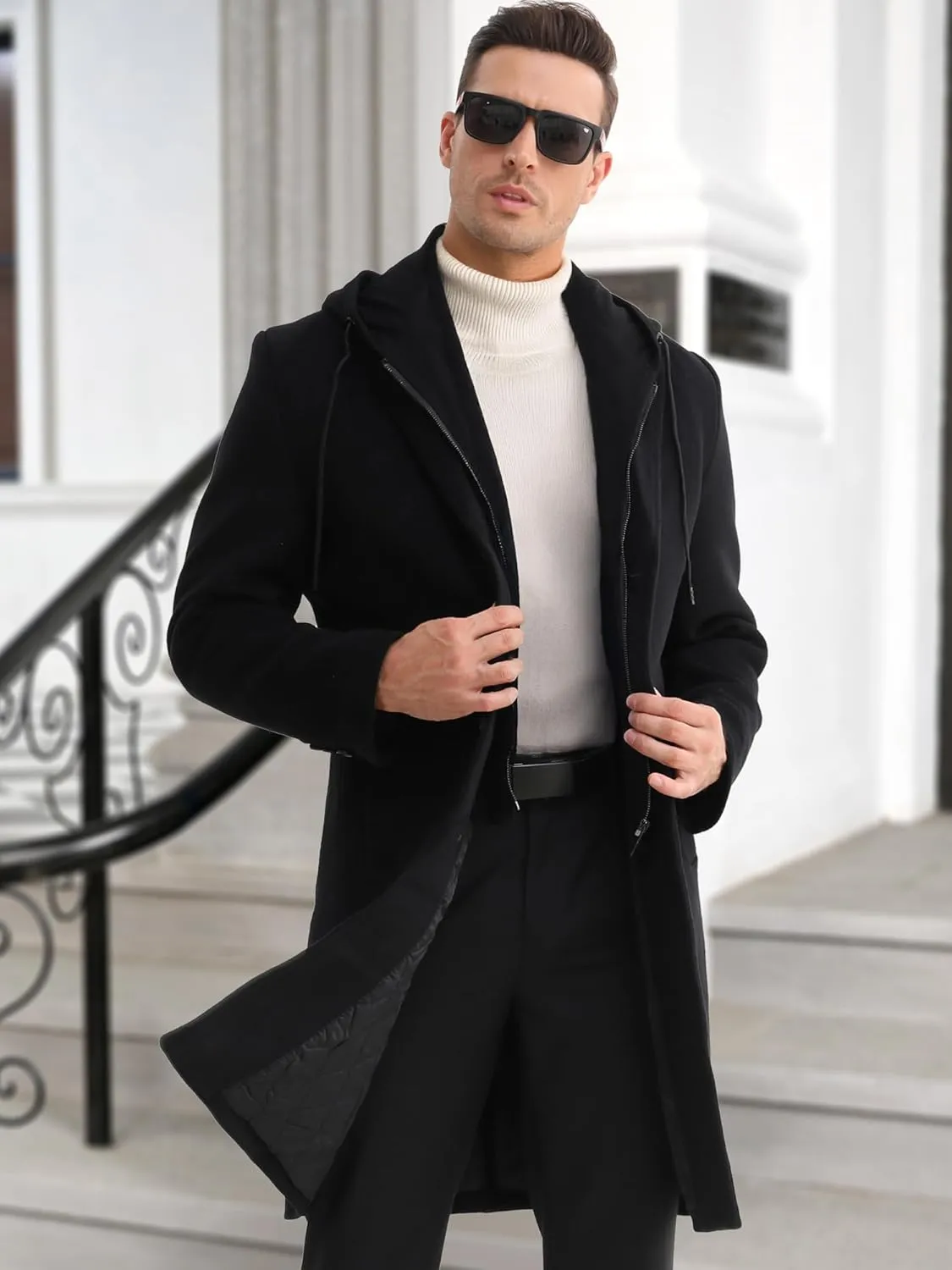 APTRO Men's Wool Trench Coat Winter Hoodie Coat Premium Business Wool Jacket