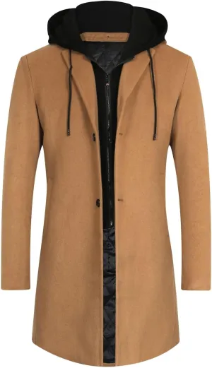 APTRO Men's Wool Trench Coat Winter Hoodie Coat Premium Business Wool Jacket