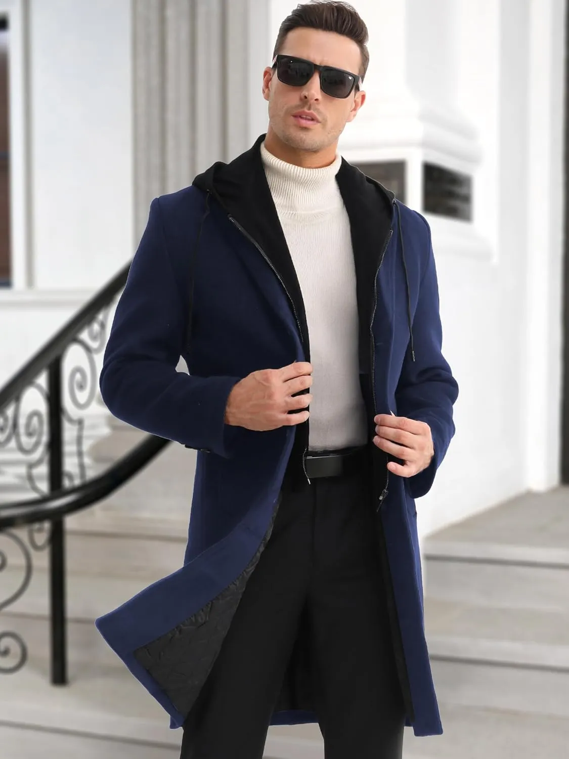 APTRO Men's Wool Trench Coat Winter Hoodie Coat Premium Business Wool Jacket