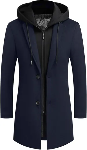 APTRO Men's Wool Trench Coat Winter Hoodie Coat Premium Business Wool Jacket