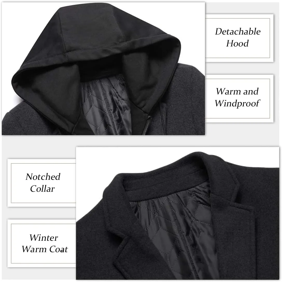 APTRO Men's Wool Trench Coat Winter Hoodie Coat Premium Business Wool Jacket