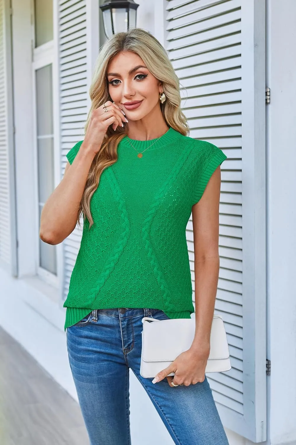 Arach&Cloz Womens Spring Sweater Vest 2025 Cap Sleeve Crew Neck Casual Tops Cable Knit Crochet Loose Fit Summer Outfits
