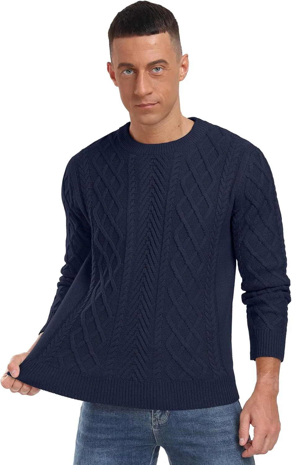 Askdeer Men's Crewneck Pullover Sweater Fisherman Long Sleeve Chunky Knit Sweater Winter Texture Knitted Sweaters