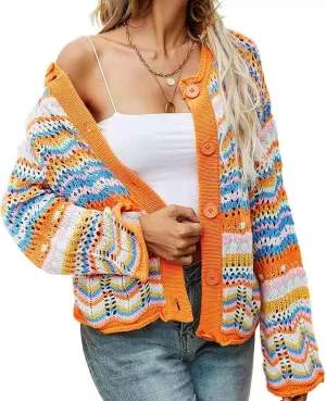 Autumn and Winter Rainbow Striped Sweater Loose Knit Sweater Women's Sweater Cardigan