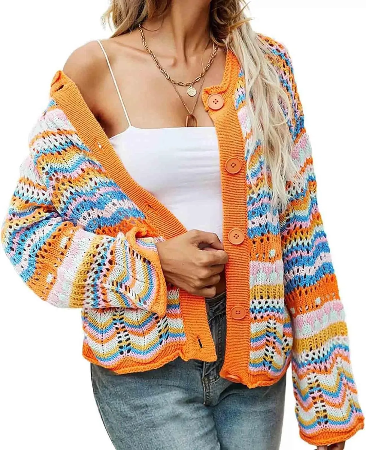Autumn and Winter Rainbow Striped Sweater Loose Knit Sweater Women's Sweater Cardigan