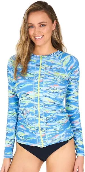 AXESEA Women Long Sleeve Rash Guard UPF 50  UV Sun Protection Zip Front Swimsuit Shirt Printed Surfing Shirt Top