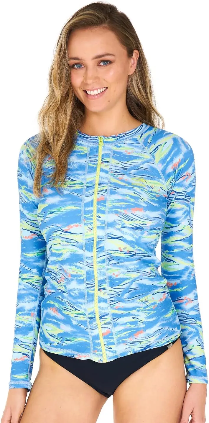 AXESEA Women Long Sleeve Rash Guard UPF 50  UV Sun Protection Zip Front Swimsuit Shirt Printed Surfing Shirt Top