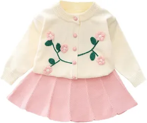 Baby Girls Knitted Sweater Dress Kids Floral Sweater Top   Ruffles Mini Skirt Outfits Fall Winter Clothes Set 2pcs