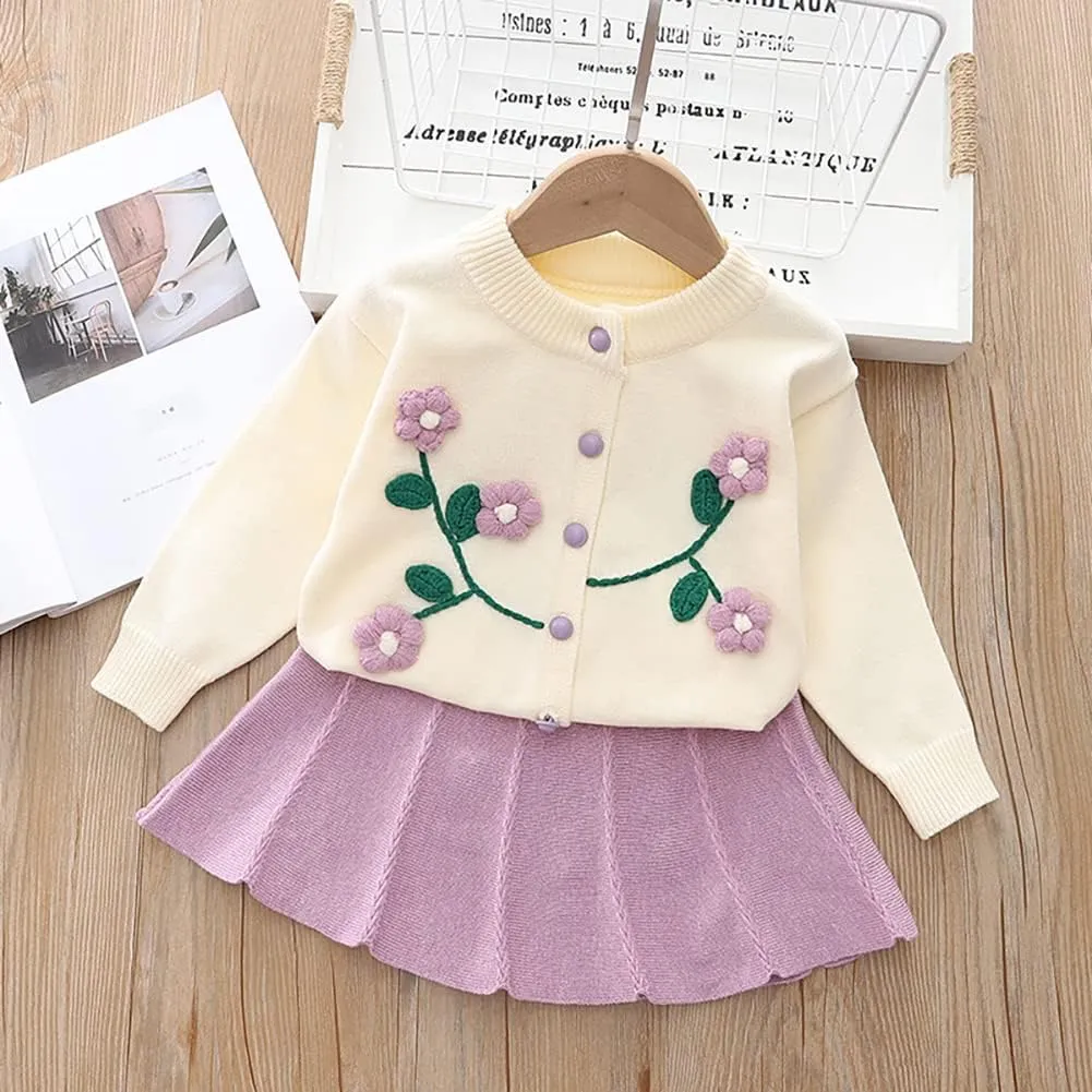 Baby Girls Knitted Sweater Dress Kids Floral Sweater Top   Ruffles Mini Skirt Outfits Fall Winter Clothes Set 2pcs