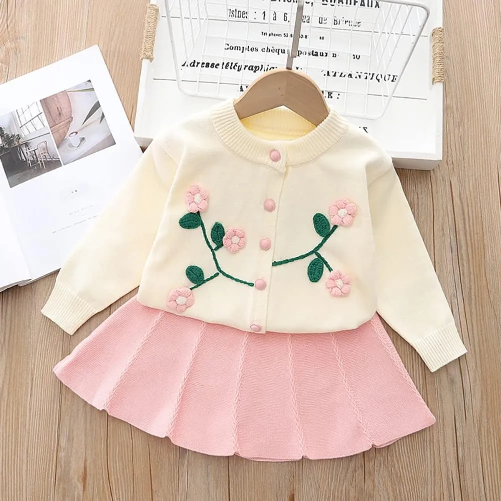 Baby Girls Knitted Sweater Dress Kids Floral Sweater Top   Ruffles Mini Skirt Outfits Fall Winter Clothes Set 2pcs