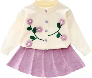 Baby Girls Knitted Sweater Dress Kids Floral Sweater Top   Ruffles Mini Skirt Outfits Fall Winter Clothes Set 2pcs