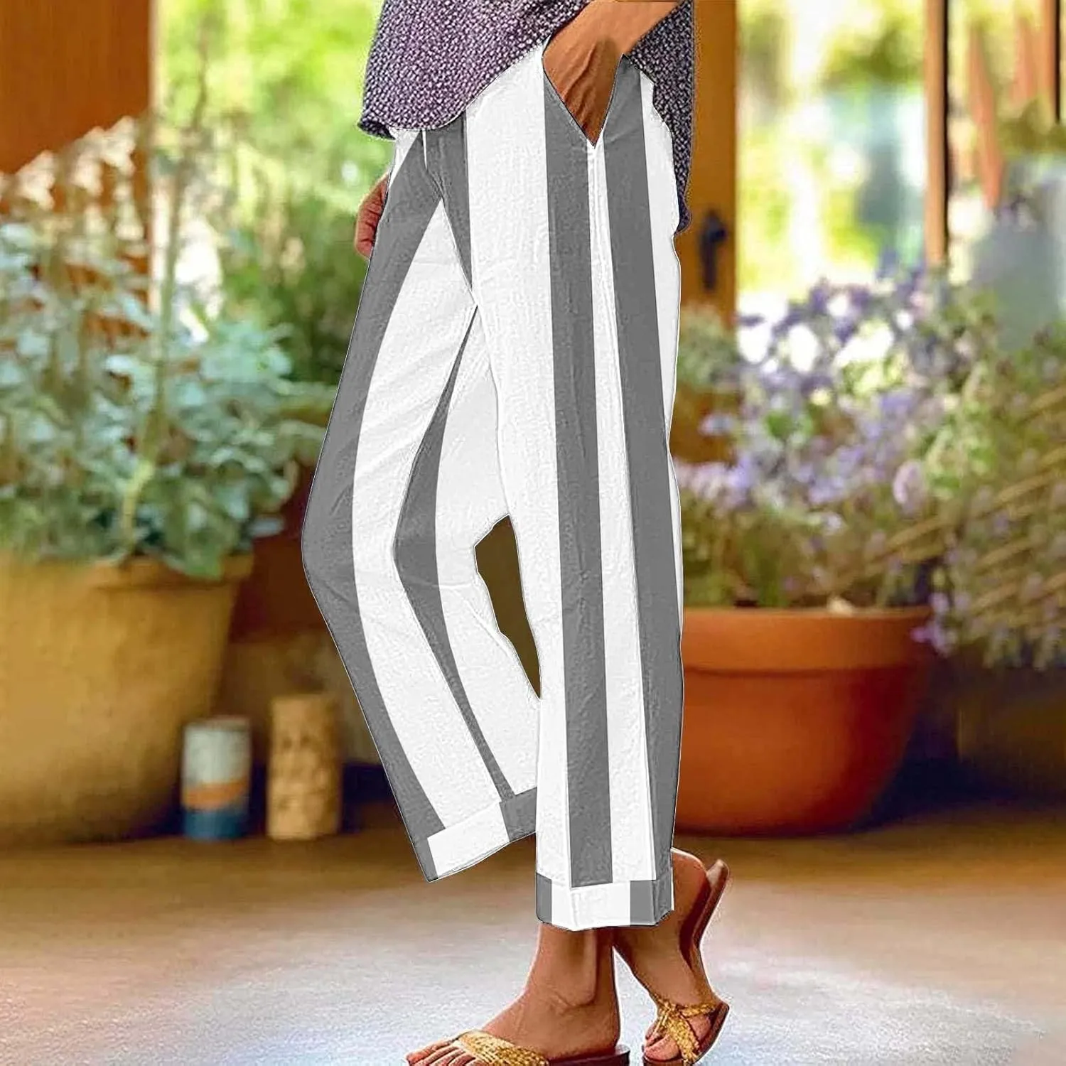 Baggy Harem Elastic Waist Palazzo Cotton Linen Casual Pants Business Work Casual Pants Womens Summer Pants Long
