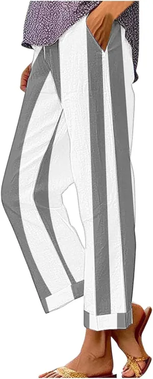 Baggy Harem Elastic Waist Palazzo Cotton Linen Casual Pants Business Work Casual Pants Womens Summer Pants Long