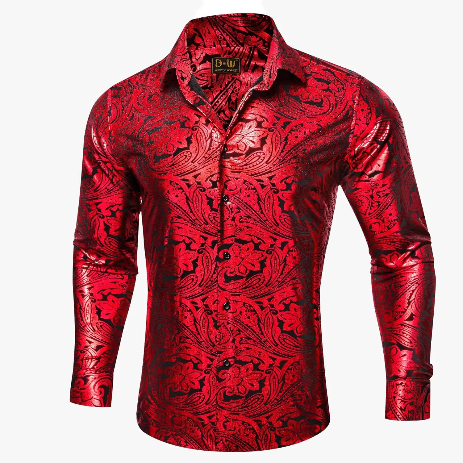 Barry.Wang Men's Disco Dress Shirt Long Sleeve Nightclub Mexico Paisley Floral Shirts Metallic Gothic Shiny Button Down Shirt