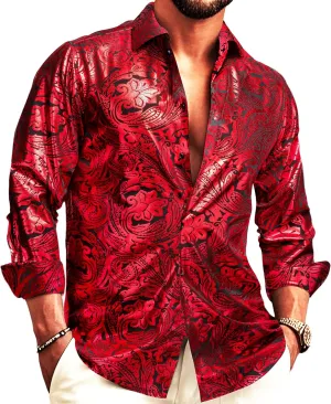 Barry.Wang Men's Disco Dress Shirt Long Sleeve Nightclub Mexico Paisley Floral Shirts Metallic Gothic Shiny Button Down Shirt