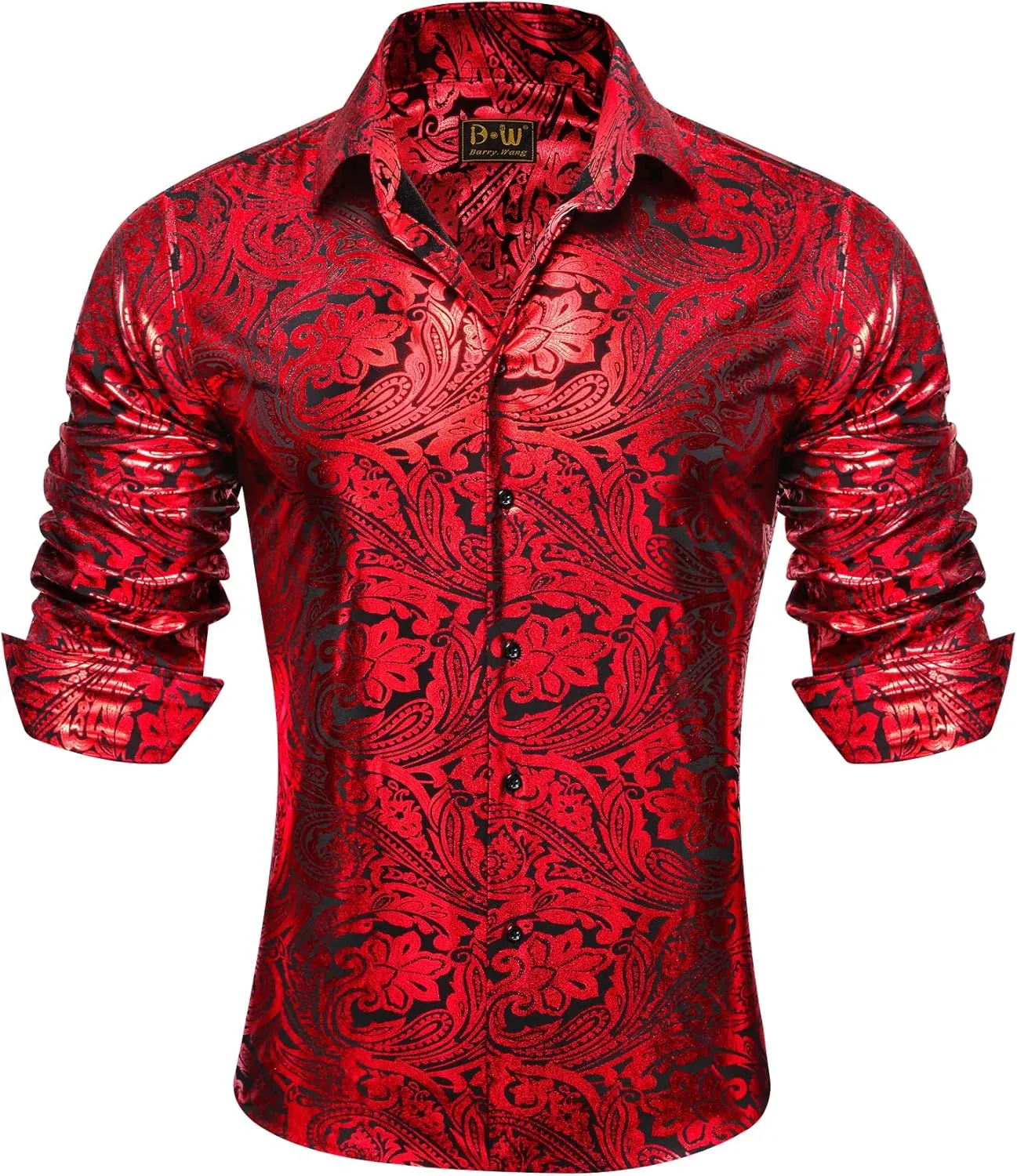 Barry.Wang Men's Disco Dress Shirt Long Sleeve Nightclub Mexico Paisley Floral Shirts Metallic Gothic Shiny Button Down Shirt