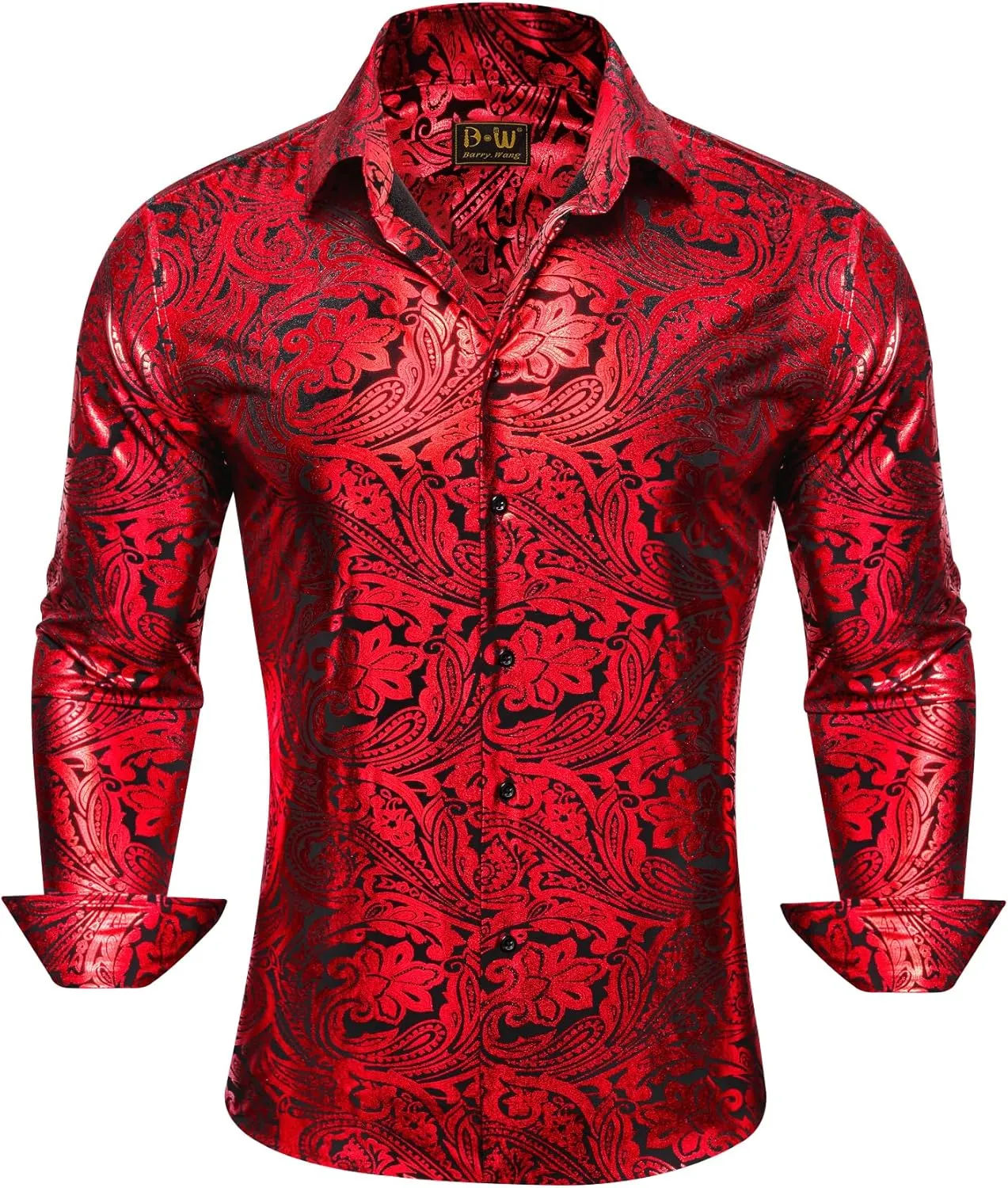 Barry.Wang Men's Disco Dress Shirt Long Sleeve Nightclub Mexico Paisley Floral Shirts Metallic Gothic Shiny Button Down Shirt