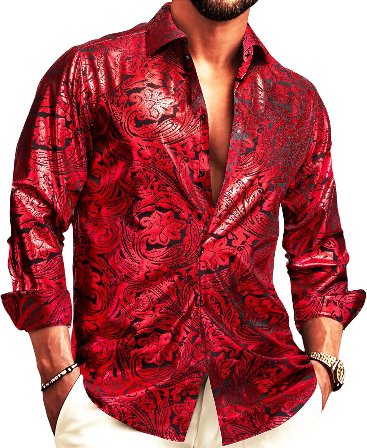 Barry.Wang Men's Disco Dress Shirt Long Sleeve Nightclub Mexico Paisley Floral Shirts Metallic Gothic Shiny Button Down Shirt
