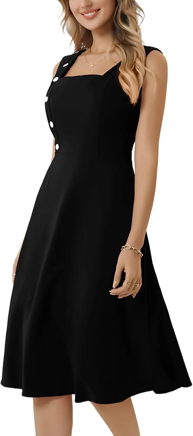 Bbonlinedress Women's Vintage Summer Cocktail Tea Party Dress 2025 Square Neck Sleeveless A-Line Midi Sundress