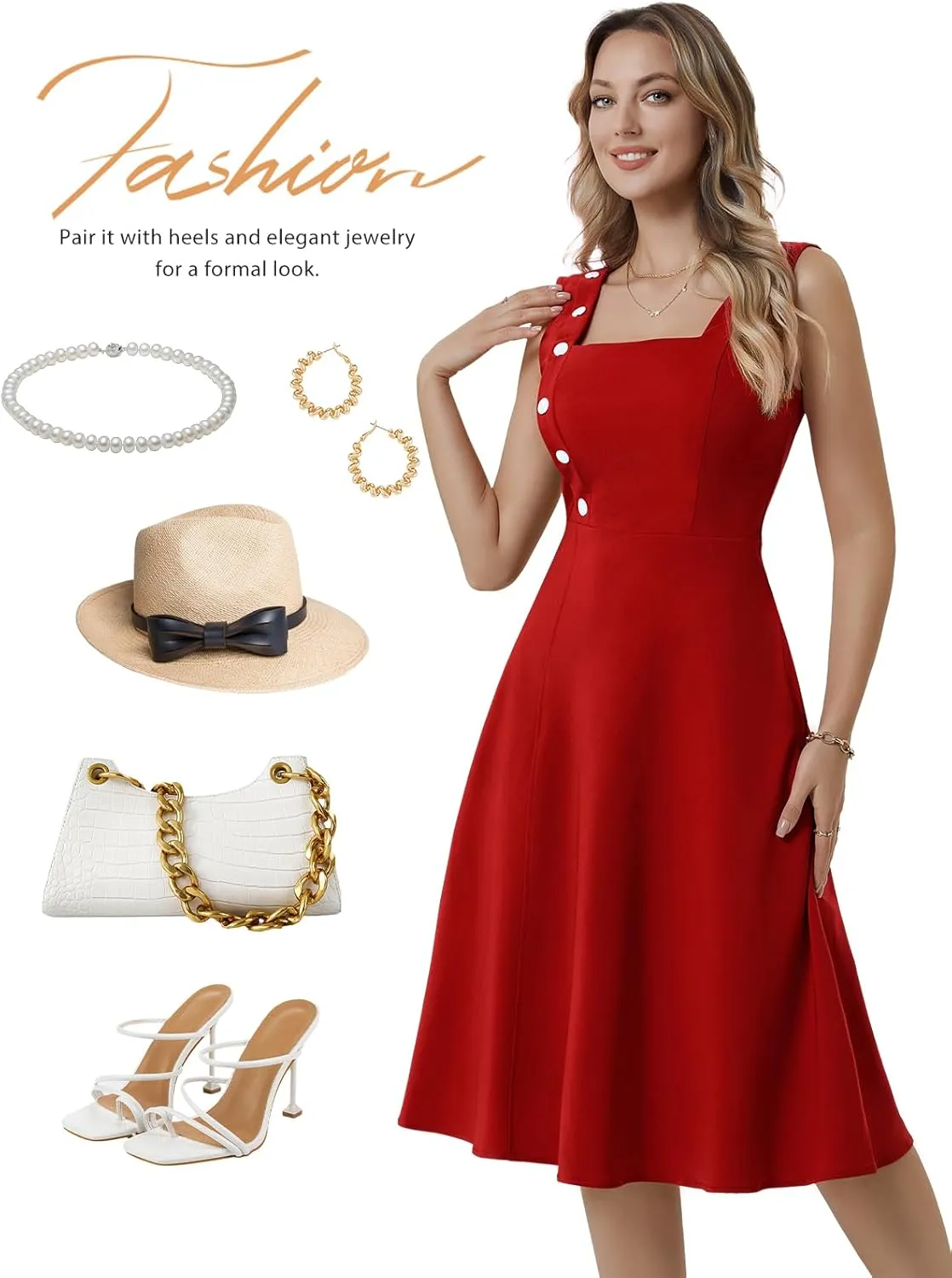 Bbonlinedress Women's Vintage Summer Cocktail Tea Party Dress 2025 Square Neck Sleeveless A-Line Midi Sundress