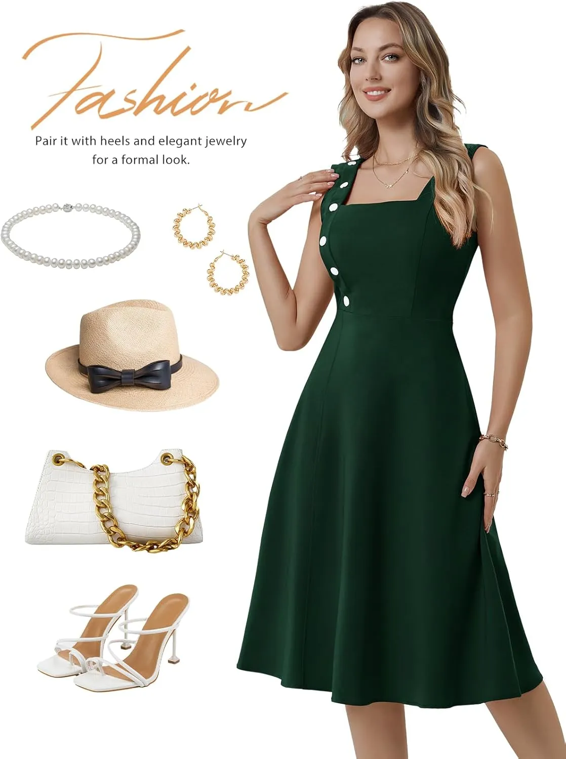 Bbonlinedress Women's Vintage Summer Cocktail Tea Party Dress 2025 Square Neck Sleeveless A-Line Midi Sundress