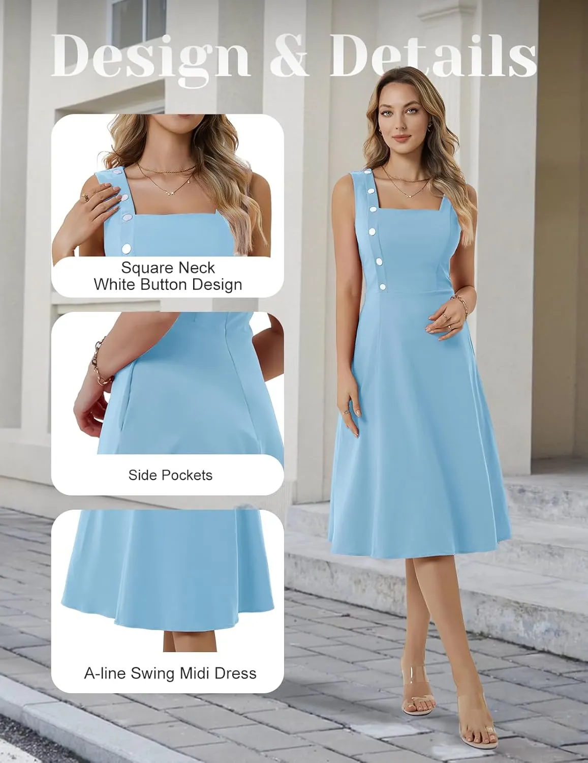 Bbonlinedress Women's Vintage Summer Cocktail Tea Party Dress 2025 Square Neck Sleeveless A-Line Midi Sundress