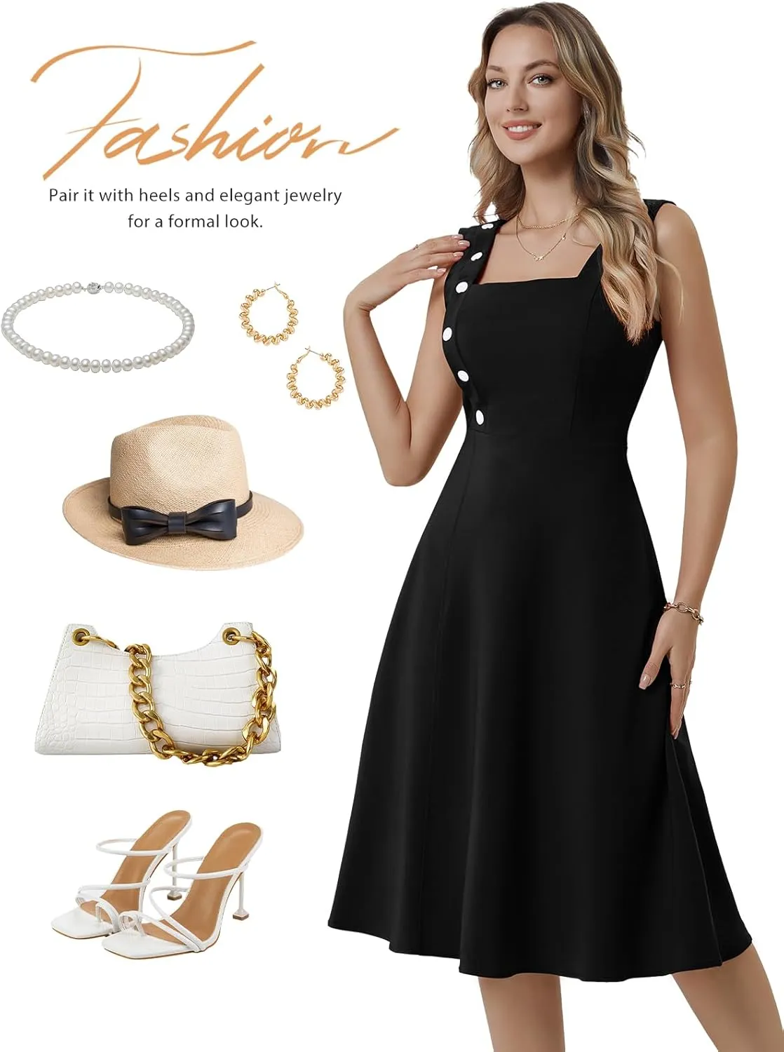 Bbonlinedress Women's Vintage Summer Cocktail Tea Party Dress 2025 Square Neck Sleeveless A-Line Midi Sundress