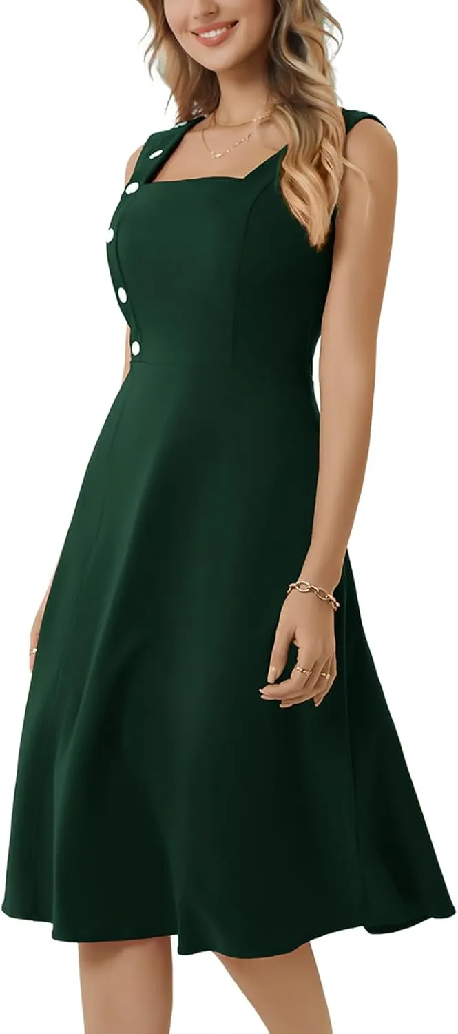Bbonlinedress Women's Vintage Summer Cocktail Tea Party Dress 2025 Square Neck Sleeveless A-Line Midi Sundress