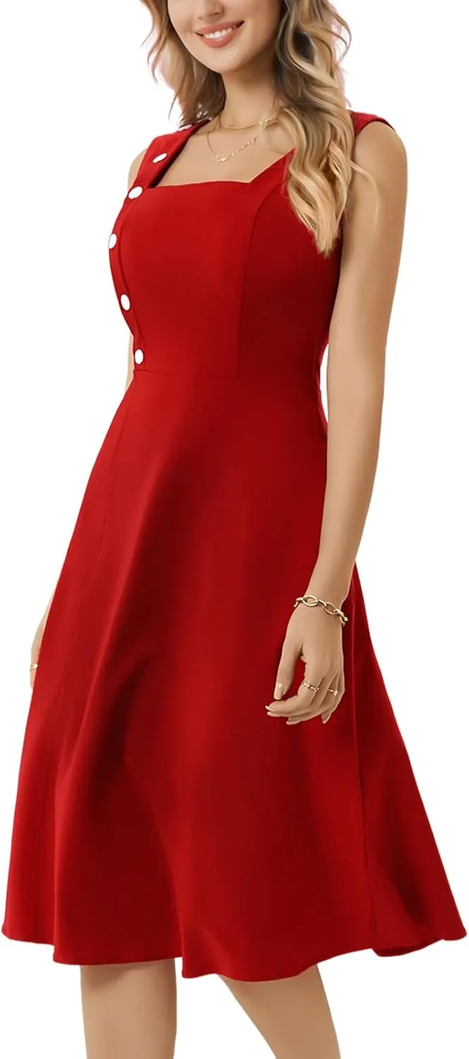 Bbonlinedress Women's Vintage Summer Cocktail Tea Party Dress 2025 Square Neck Sleeveless A-Line Midi Sundress