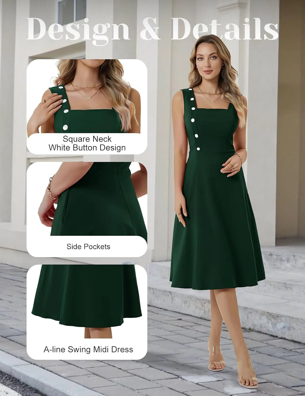 Bbonlinedress Women's Vintage Summer Cocktail Tea Party Dress 2025 Square Neck Sleeveless A-Line Midi Sundress