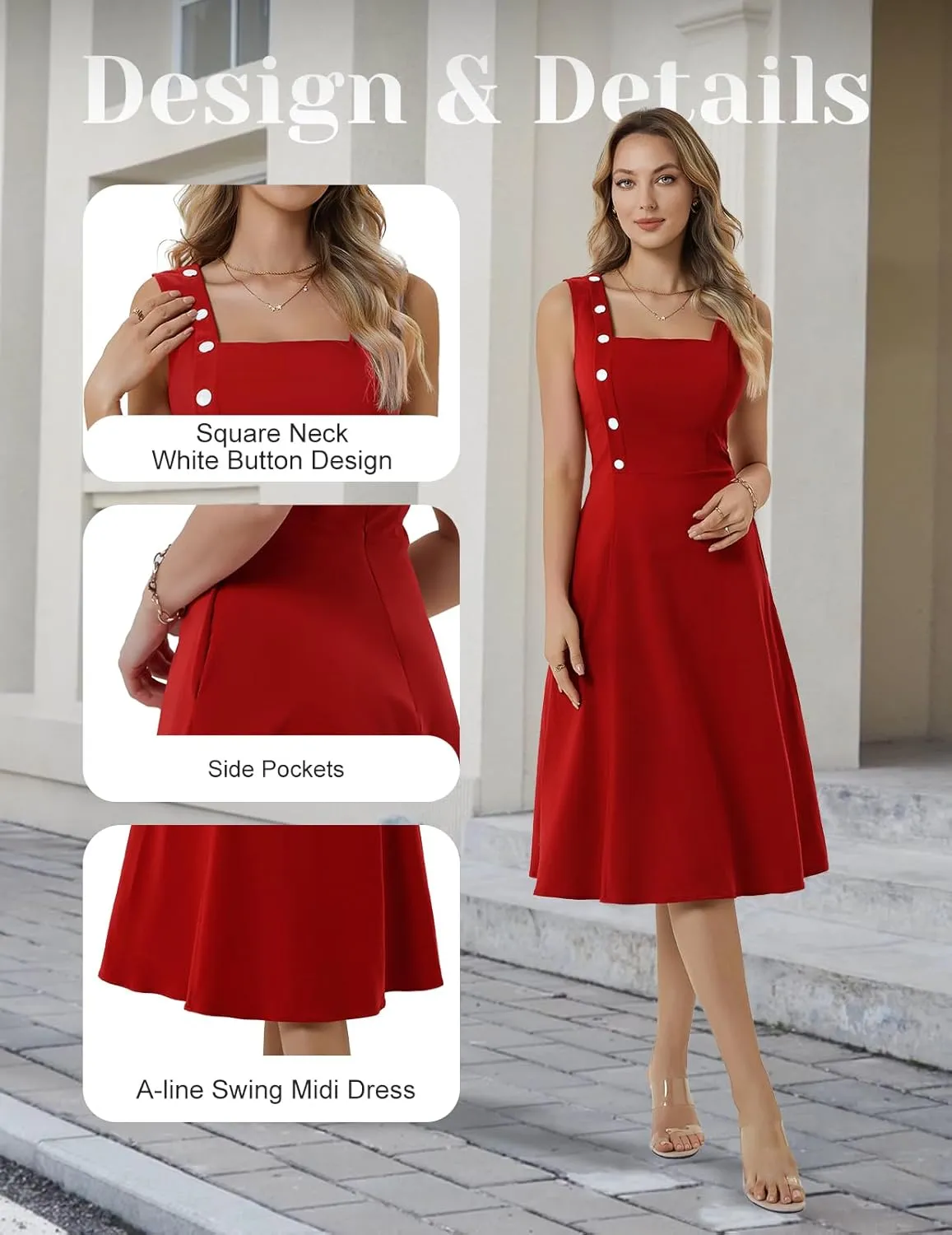 Bbonlinedress Women's Vintage Summer Cocktail Tea Party Dress 2025 Square Neck Sleeveless A-Line Midi Sundress