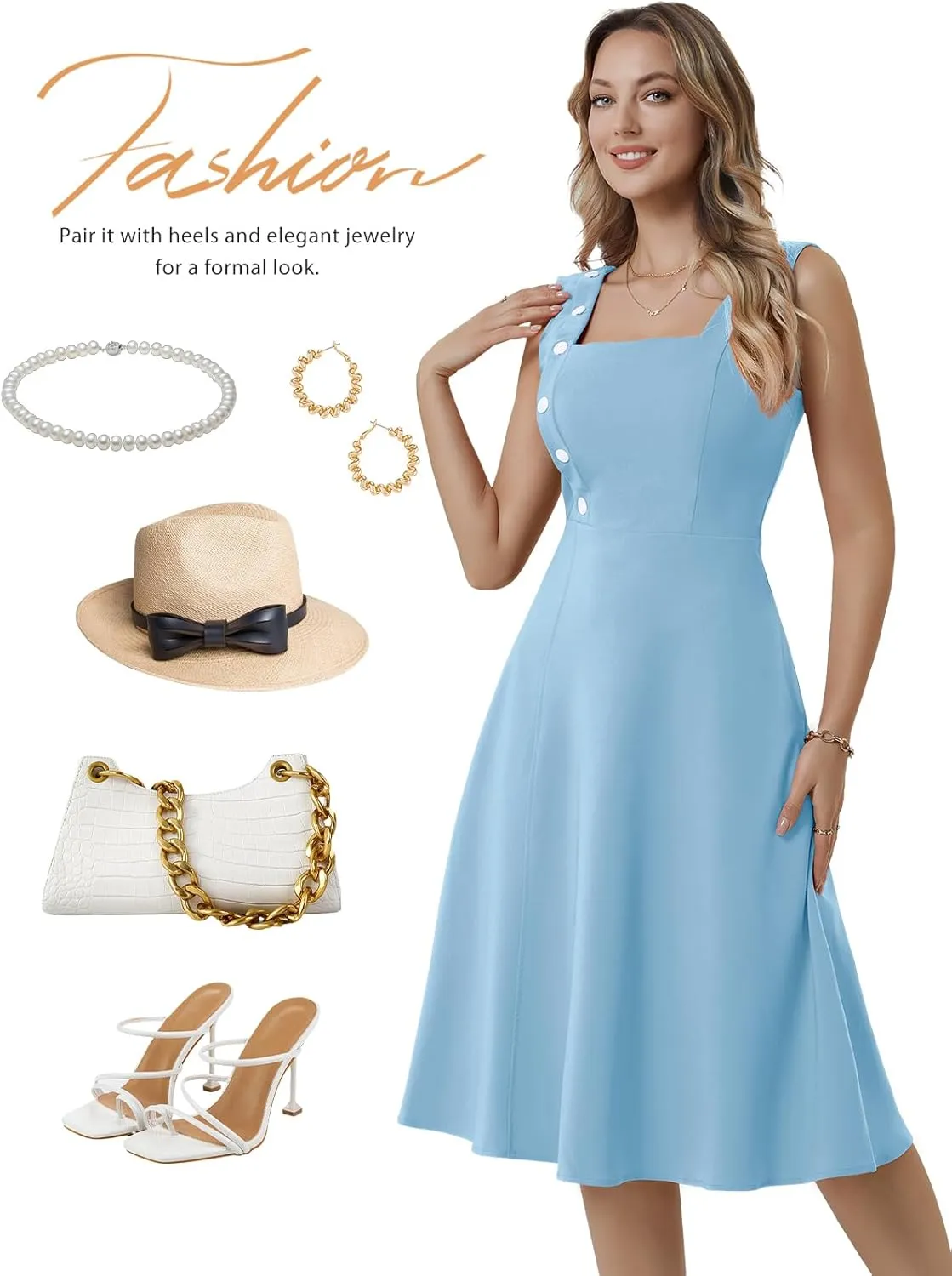 Bbonlinedress Women's Vintage Summer Cocktail Tea Party Dress 2025 Square Neck Sleeveless A-Line Midi Sundress