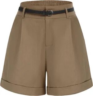 Belle Poque Women Bermuda Shorts Elastic Waist Wide Leg Shorts with Pockets & Belts