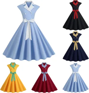 Binmer 1950s Dresses for Women Vintage Short Sleeve Lapel Swing A Line Midi Summer Dress Cocktail Party Evening Prom Gown