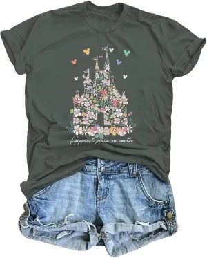 Bobeutou Magic Kingdom Shirts for Women Floral Castle Graphic T Shirt Flower Holiday Vacation Shirt Funny Cute Tee Tops