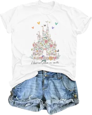 Bobeutou Magic Kingdom Shirts for Women Floral Castle Graphic T Shirt Flower Holiday Vacation Shirt Funny Cute Tee Tops
