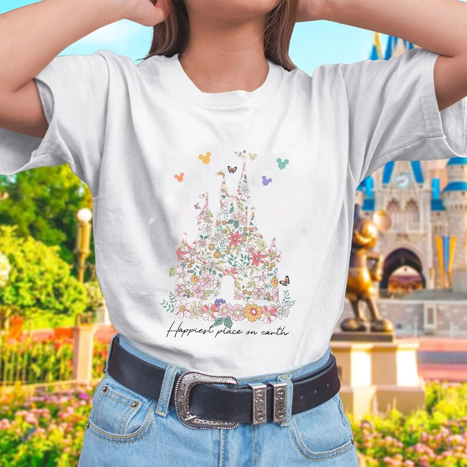 Bobeutou Magic Kingdom Shirts for Women Floral Castle Graphic T Shirt Flower Holiday Vacation Shirt Funny Cute Tee Tops