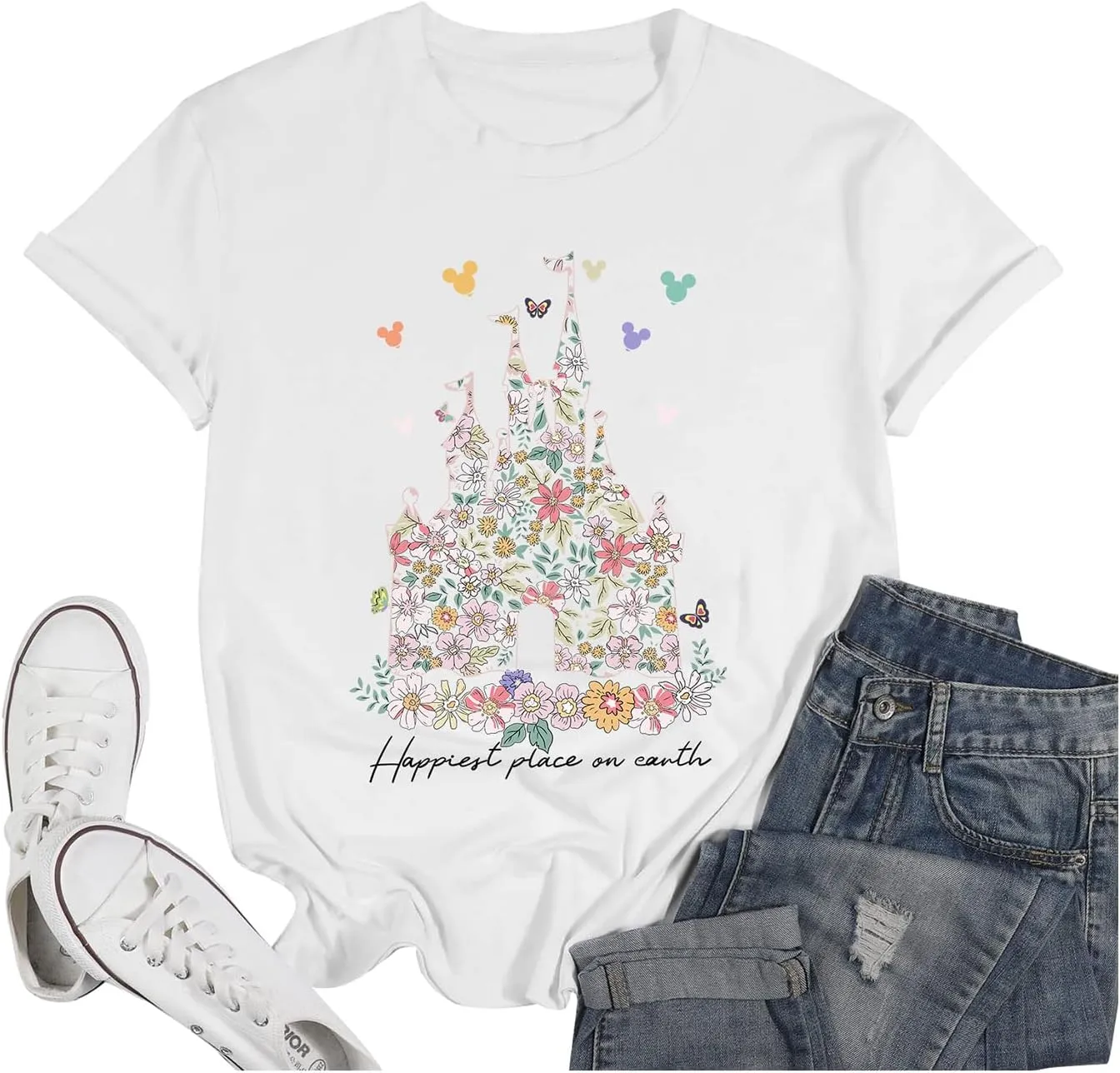 Bobeutou Magic Kingdom Shirts for Women Floral Castle Graphic T Shirt Flower Holiday Vacation Shirt Funny Cute Tee Tops