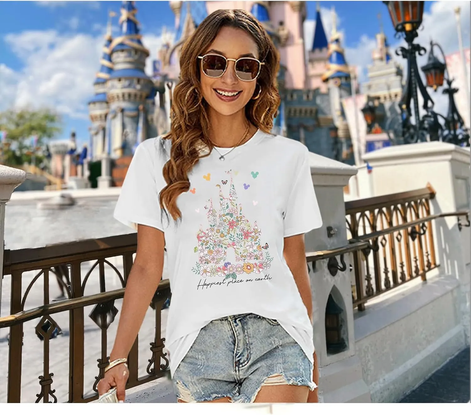 Bobeutou Magic Kingdom Shirts for Women Floral Castle Graphic T Shirt Flower Holiday Vacation Shirt Funny Cute Tee Tops