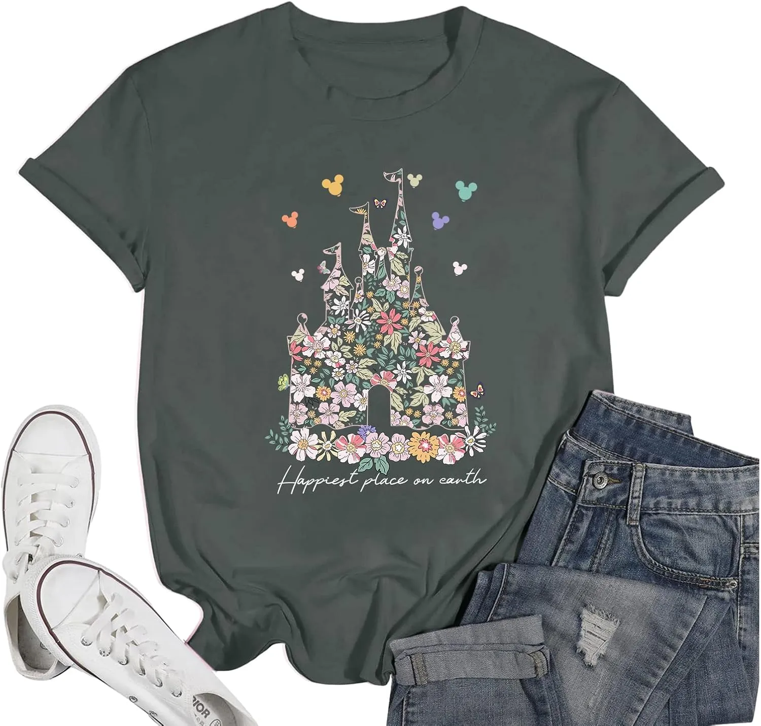 Bobeutou Magic Kingdom Shirts for Women Floral Castle Graphic T Shirt Flower Holiday Vacation Shirt Funny Cute Tee Tops