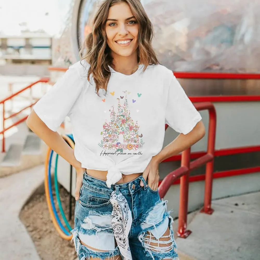 Bobeutou Magic Kingdom Shirts for Women Floral Castle Graphic T Shirt Flower Holiday Vacation Shirt Funny Cute Tee Tops