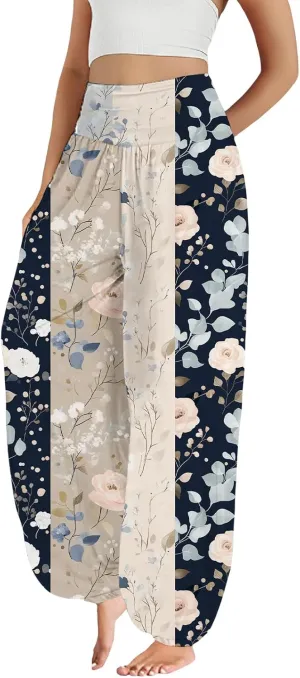 Boho Harem Pants Women Floral Print Wide Leg Trousers Hippie High Waist Plus Size Pant Vintage Baggy Flowy Yoga Pants