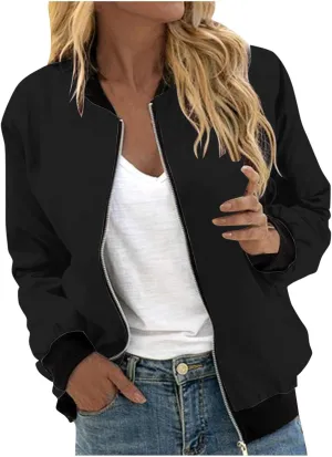 Bomber Jacket Coats for Women Causal Zip Up Long Sleeve Stand Collar Jackets 2024 Fall Lightweight Outerwear
