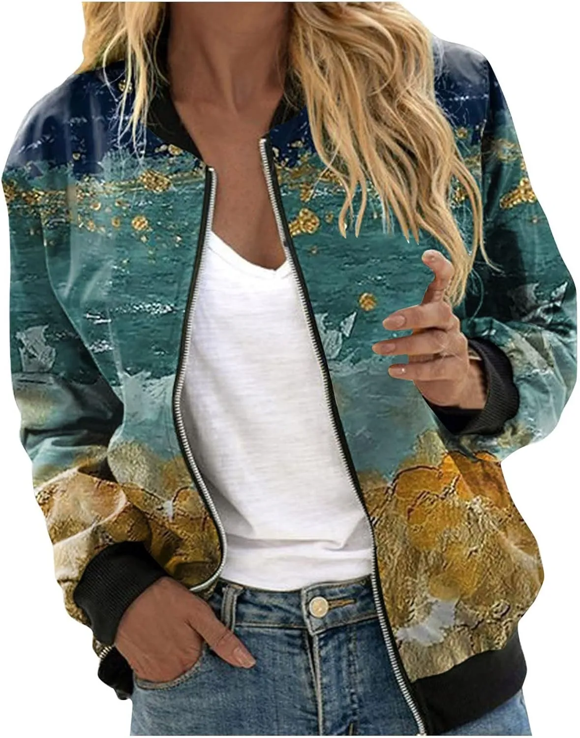 Bomber Jacket Women 2024 Trendy Causal Floral Zip Up Coat Long Sleeve Stand Collar Fall Jackets Lightweight Outerwear
