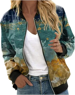 Bomber Jacket Women 2024 Trendy Causal Floral Zip Up Coat Long Sleeve Stand Collar Fall Jackets Lightweight Outerwear
