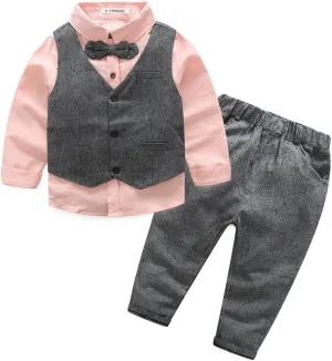 Boys 3Pcs Clothing Sets Cotton Long Sleeve Bowtie Shirts  Vest  Pants Casual Suit