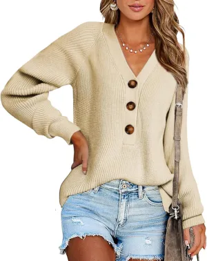 BTFBM Women Long Sleeve V Neck Button Down Sweater Solid Color Ribbed Knit Sweater Casual Relaxed Fit Pullover Jumper