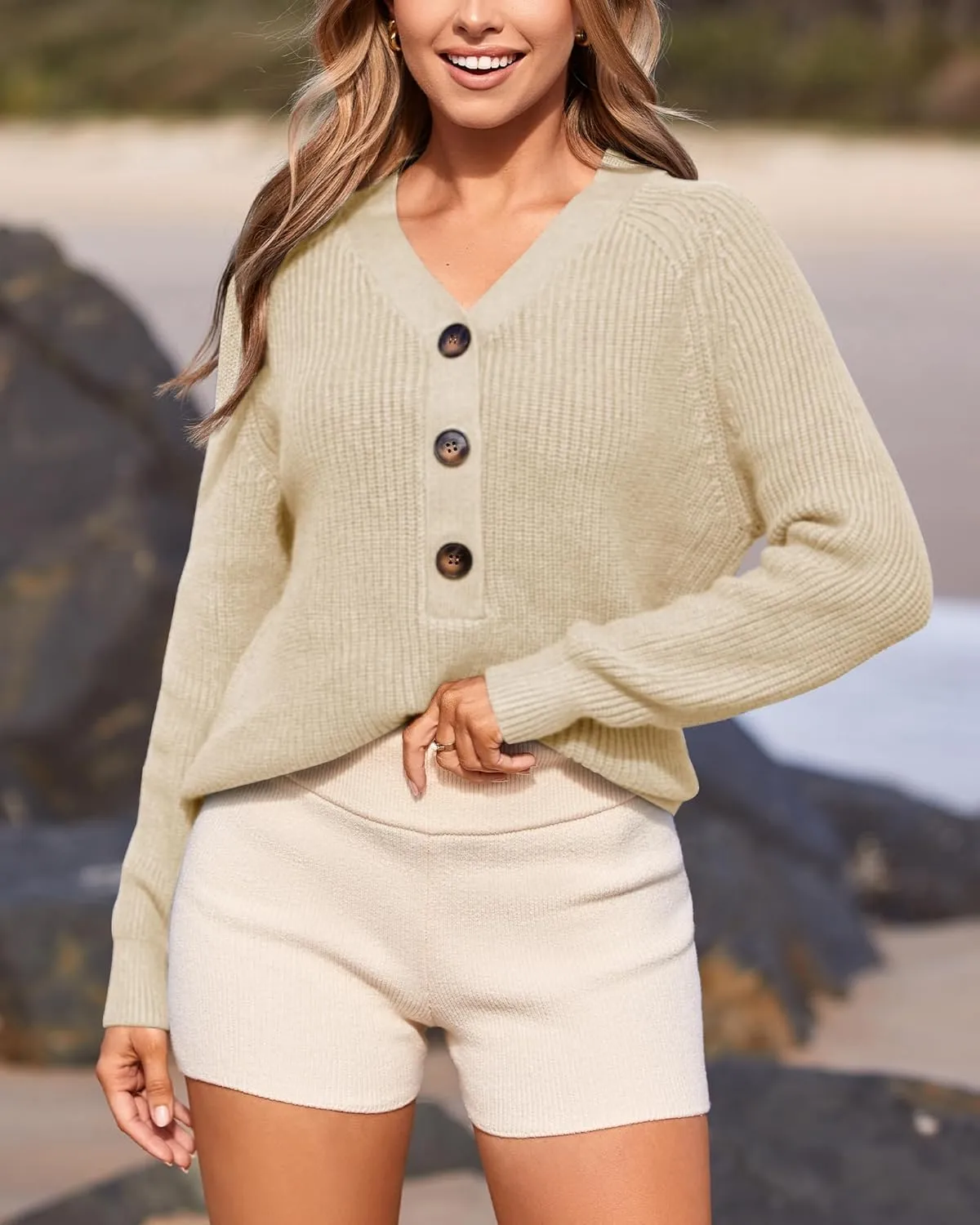 BTFBM Women Long Sleeve V Neck Button Down Sweater Solid Color Ribbed Knit Sweater Casual Relaxed Fit Pullover Jumper