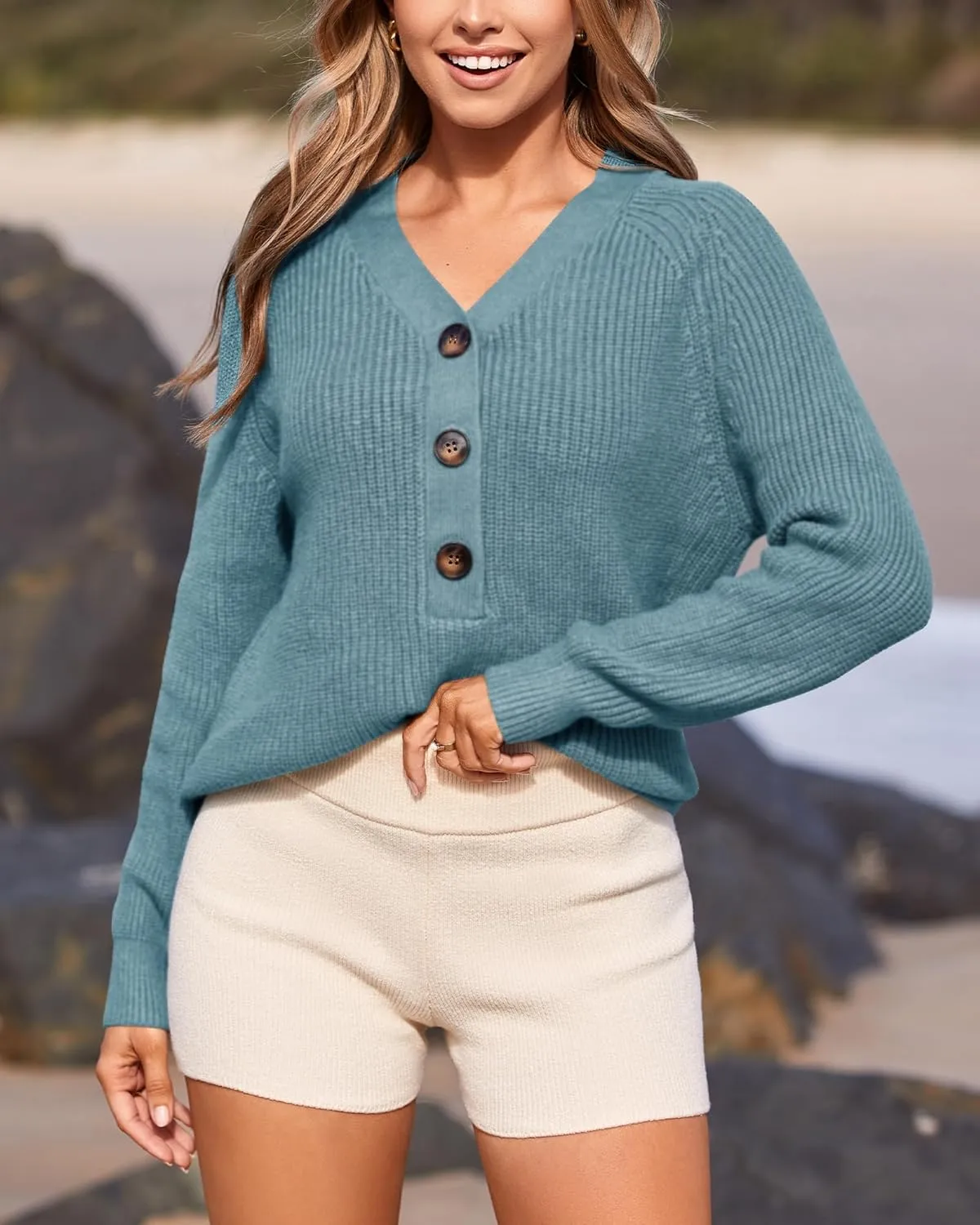 BTFBM Women Long Sleeve V Neck Button Down Sweater Solid Color Ribbed Knit Sweater Casual Relaxed Fit Pullover Jumper
