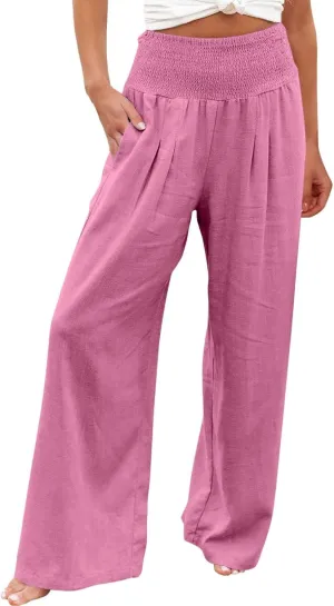 BZGTZT Wide Leg Pants for Women Summer Casual Smocked Elastic High Waisted Linen Pant Solid Loose Palazzo Pants Trousers